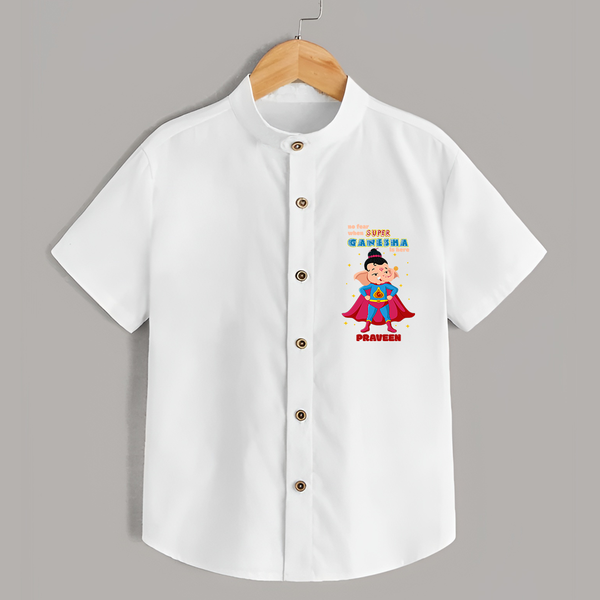 No Fear When Super Ganesha Is Here - Customized Shirt For Kids - WHITE - 0 - 6 Months Old (Chest 23")