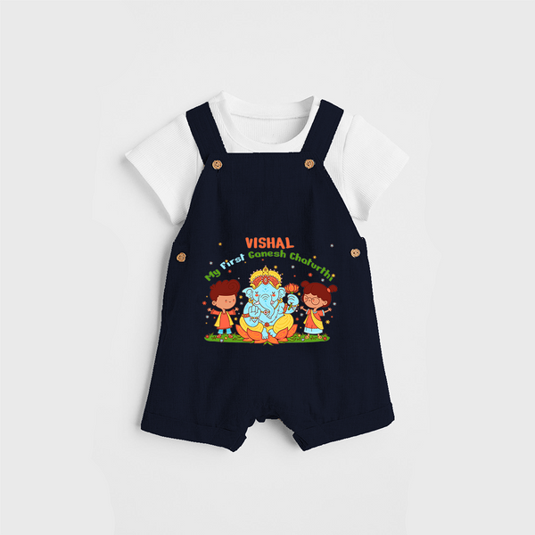 My First Ganesh Chaturthi With My Ganesha - Customized Dungaree Set For Kids - NAVY BLUE - 0 - 5 Months Old (Chest 18")