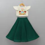 My First Ganesh Chaturthi With My Ganesha - Customized Crop Top And Skirt For Kids - BOTTLE GREEN - 6 - 9 Months Old (Chest 20" , Frock Waist 20")