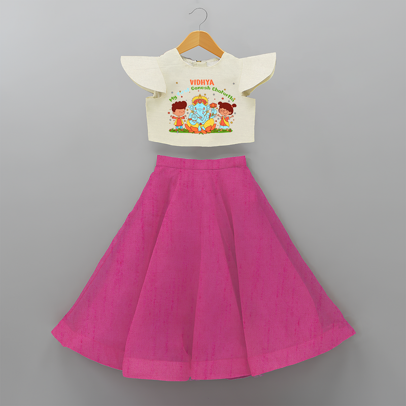 My First Ganesh Chaturthi With My Ganesha - Customized Crop Top And Skirt For Kids - FUSCHIA - 6 - 9 Months Old (Chest 20" , Frock Waist 20")