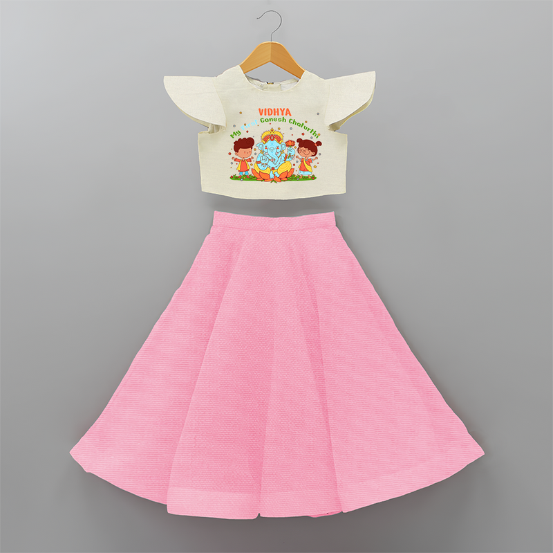 My First Ganesh Chaturthi With My Ganesha - Customized Crop Top And Skirt For Kids - PINK - 6 - 9 Months Old (Chest 20" , Frock Waist 20")