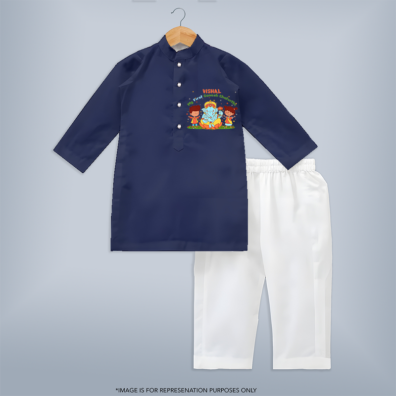 My First Ganesh Chaturthi With My Ganesha - Customized Kurta Set For Kids - NAVY BLUE - 3-6 Month Old (Chest 24", Kurta Length 14'', Waist 19", Pant Length 14")