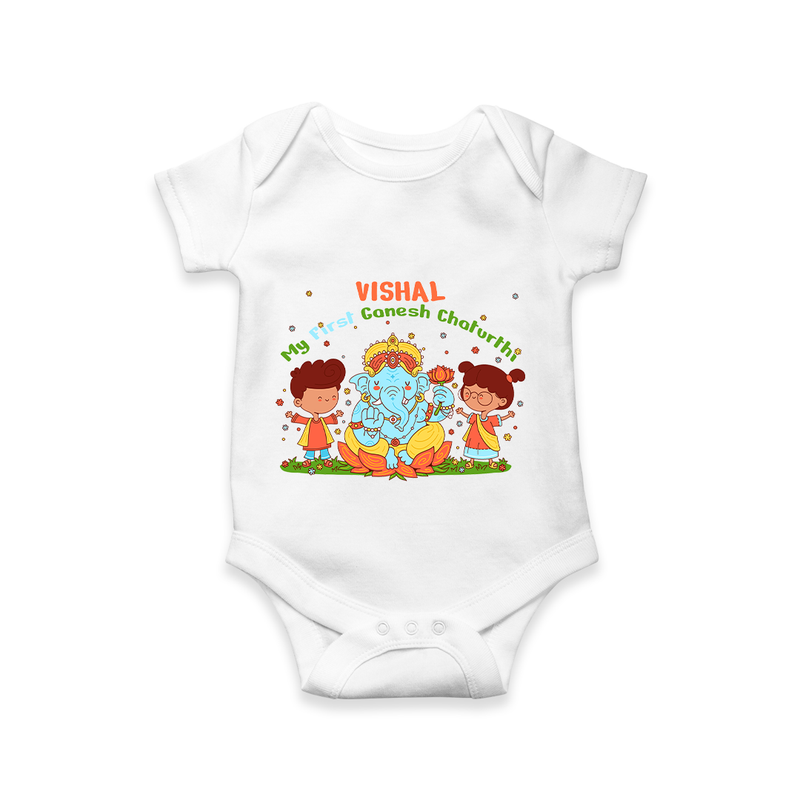 My First Ganesh Chaturthi With My Ganesha - Customized Romper For Kids - WHITE - 0 - 3 Months Old (Chest 16")