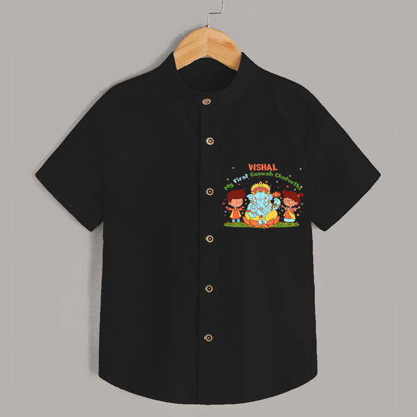 My First Ganesh Chaturthi With My Ganesha - Customized Shirt For Kids - BLACK - 0 - 6 Months Old (Chest 23")