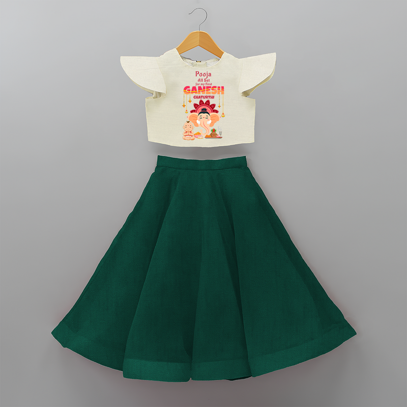 All Set For My First Ganesh Chaturthi - Customized Crop Top And Skirt For Kids - BOTTLE GREEN - 6 - 9 Months Old (Chest 20" , Frock Waist 20")