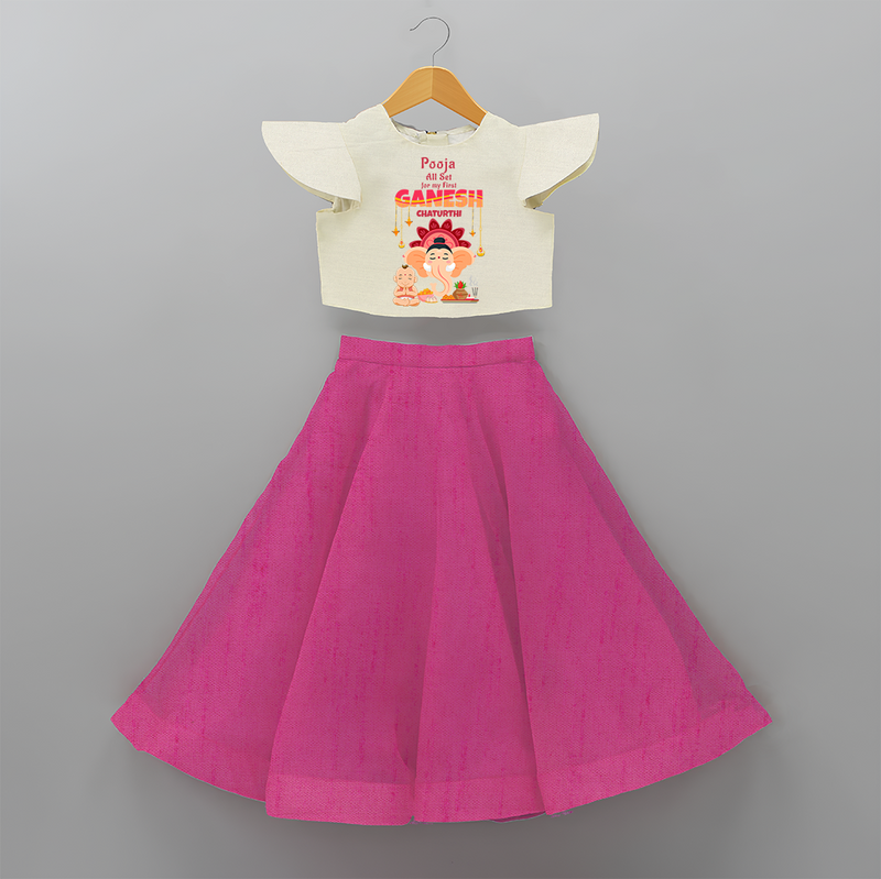 All Set For My First Ganesh Chaturthi - Customized Crop Top And Skirt For Kids - FUSCHIA - 6 - 9 Months Old (Chest 20" , Frock Waist 20")