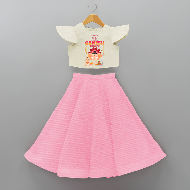 All Set For My First Ganesh Chaturthi - Customized Crop Top And Skirt For Kids - PINK - 6 - 9 Months Old (Chest 20" , Frock Waist 20")