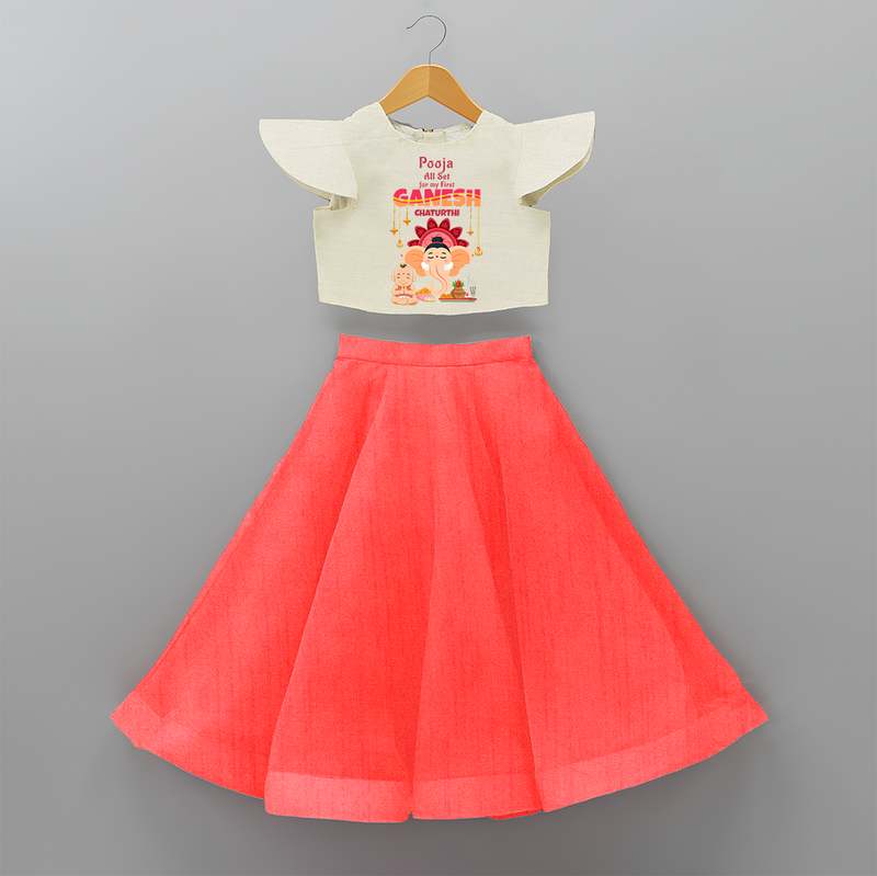 All Set For My First Ganesh Chaturthi - Customized Crop Top And Skirt For Kids - RED - 6 - 9 Months Old (Chest 20" , Frock Waist 20")