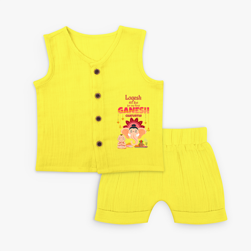 All Set For My First Ganesh Chaturthi - Customized Jabla Set For Kids - YELLOW - 0 - 3 Months Old (Chest 9.8")