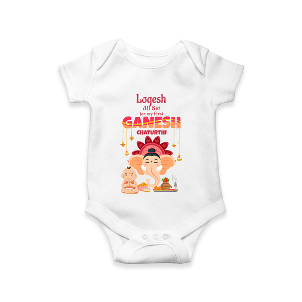 All Set For My First Ganesh Chaturthi - Customized Romper For Kids - WHITE - 0 - 3 Months Old (Chest 16")