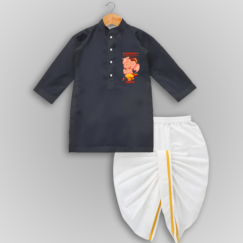 Ganesha My Dancing Companion - Customized Drapped Dhoti For Kids - DARK GREY - 0-6 Month Old (Chest 24", Kurta Length 14" , Waist 19", Dhoti Length 14")