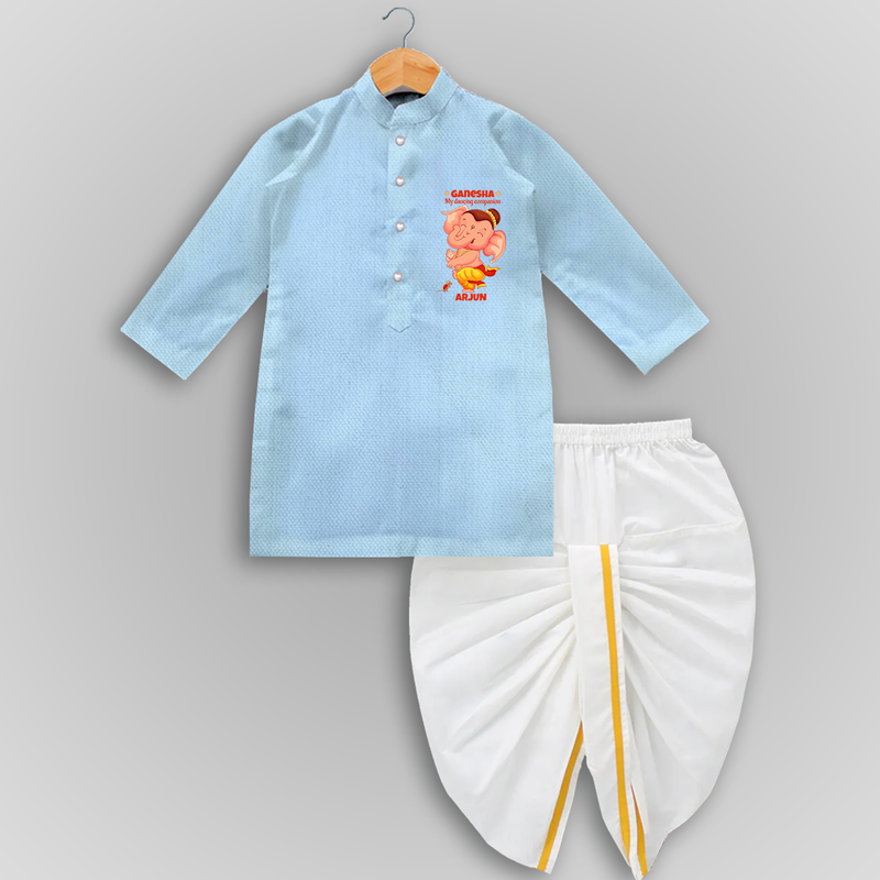 Ganesha My Dancing Companion - Customized Drapped Dhoti For Kids - SKY BLUE - 0-6 Month Old (Chest 24", Kurta Length 14" , Waist 19", Dhoti Length 14")