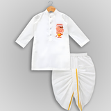 Ganesha My Dancing Companion - Customized Drapped Dhoti For Kids - WHITE - 0-6 Month Old (Chest 24", Kurta Length 14" , Waist 19", Dhoti Length 14")