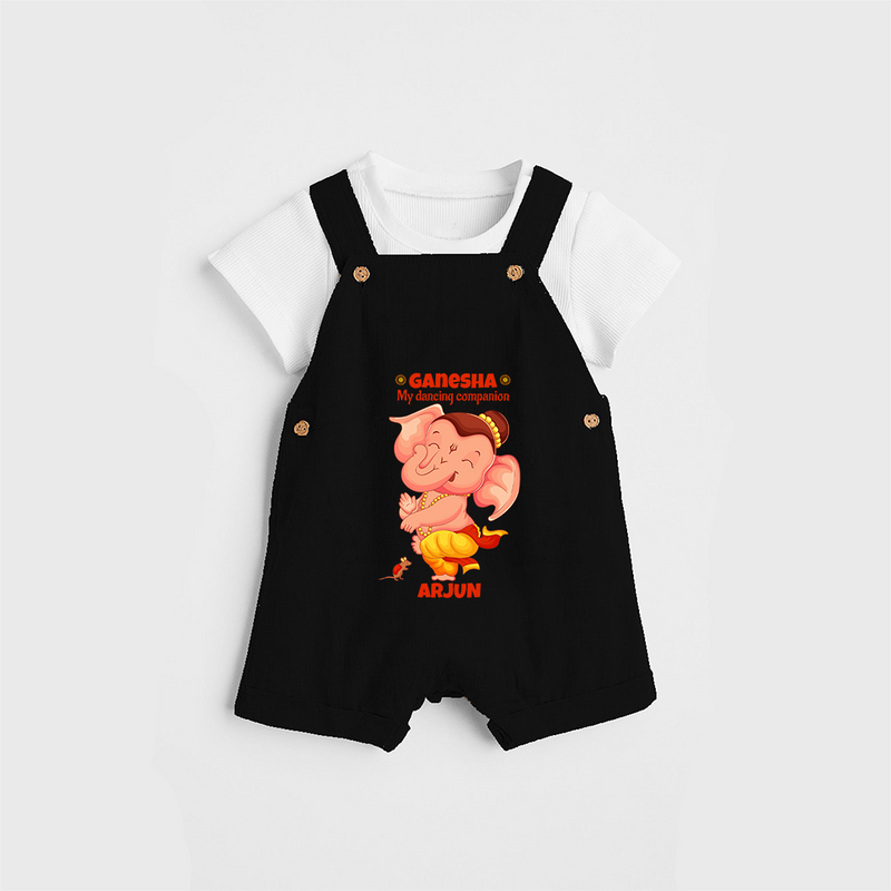 Ganesha My Dancing Companion - Customized Dungaree Set For Kids - BLACK - 0 - 5 Months Old (Chest 18")