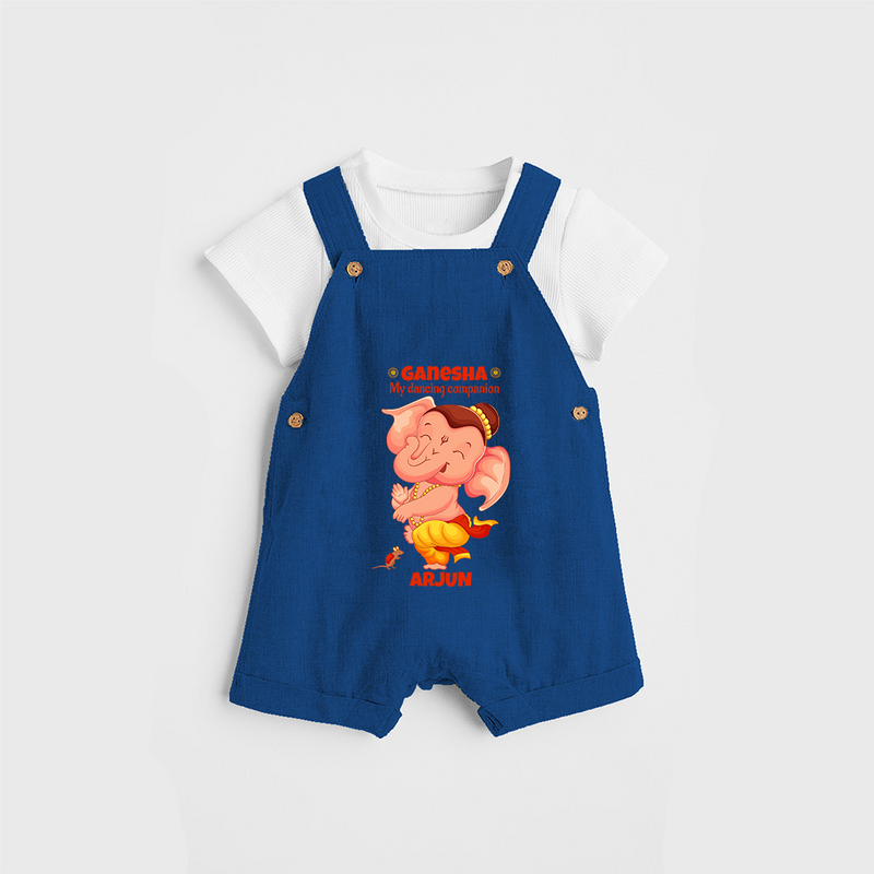 Ganesha My Dancing Companion - Customized Dungaree Set For Kids - COBALT BLUE - 0 - 5 Months Old (Chest 18")