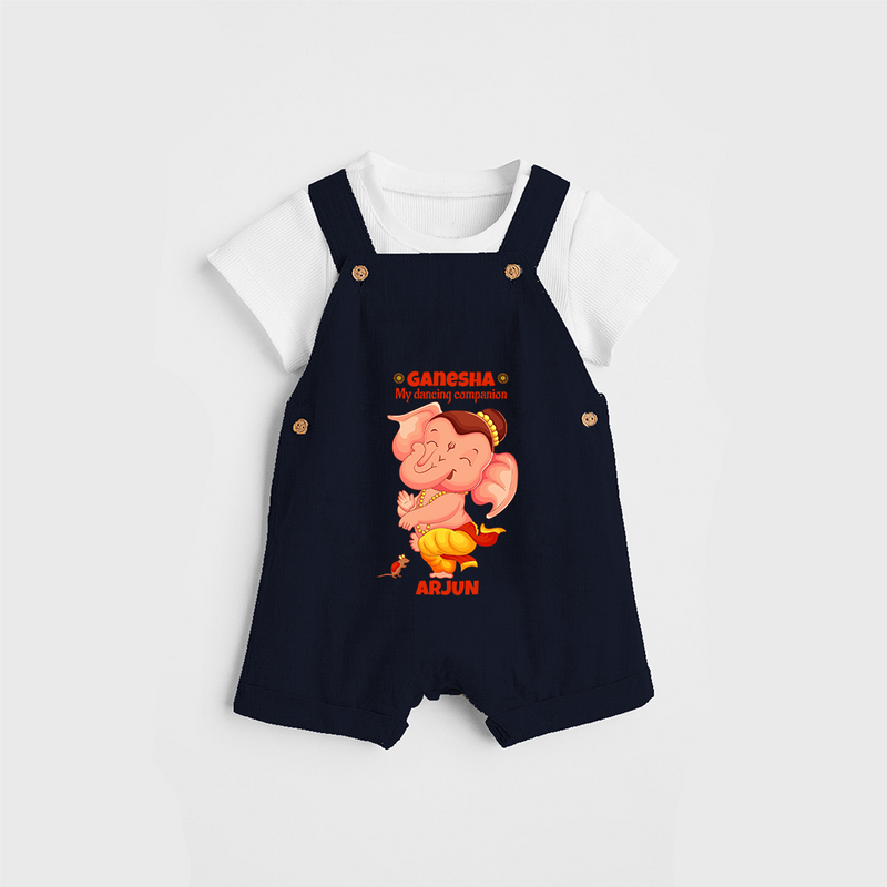 Ganesha My Dancing Companion - Customized Dungaree Set For Kids - NAVY BLUE - 0 - 5 Months Old (Chest 18")