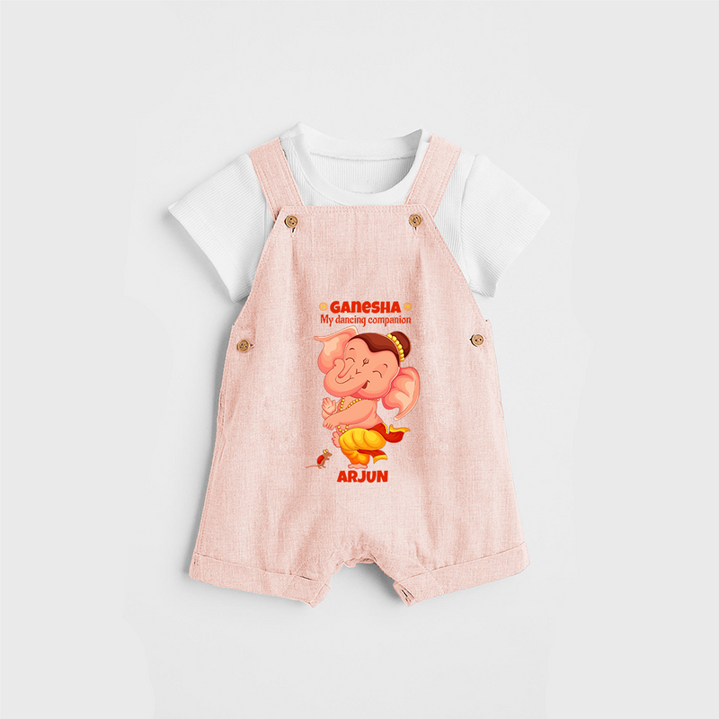 Ganesha My Dancing Companion - Customized Dungaree Set For Kids - PEACH - 0 - 5 Months Old (Chest 18")