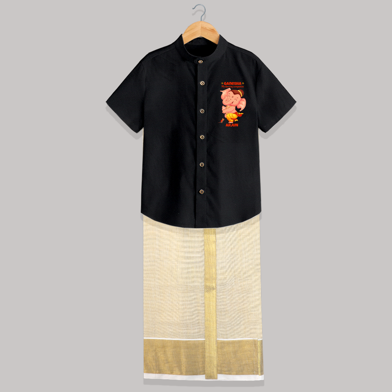 Ganesha My Dancing Companion - Customized Raw Silk Shirt And Dhoti For Kids - BLACK - 0 - 6 Months Old (Chest-23") (Dhoti length-14")