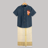 Ganesha My Dancing Companion - Customized Raw Silk Shirt And Dhoti For Kids - ELEPHANT GREY - 0 - 6 Months Old (Chest-23") (Dhoti length-14")