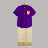 Ganesha My Dancing Companion - Customized Raw Silk Shirt And Dhoti For Kids - PURPLE LUXE - 0 - 6 Months Old (Chest-23") (Dhoti length-14")