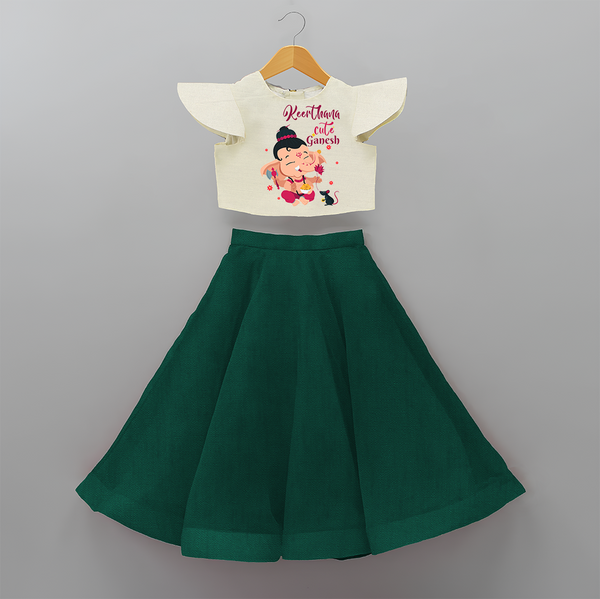 Cute Little Ganesha - Customized Crop Top And Skirt For Kids - BOTTLE GREEN - 6 - 9 Months Old (Chest 20" , Frock Waist 20")