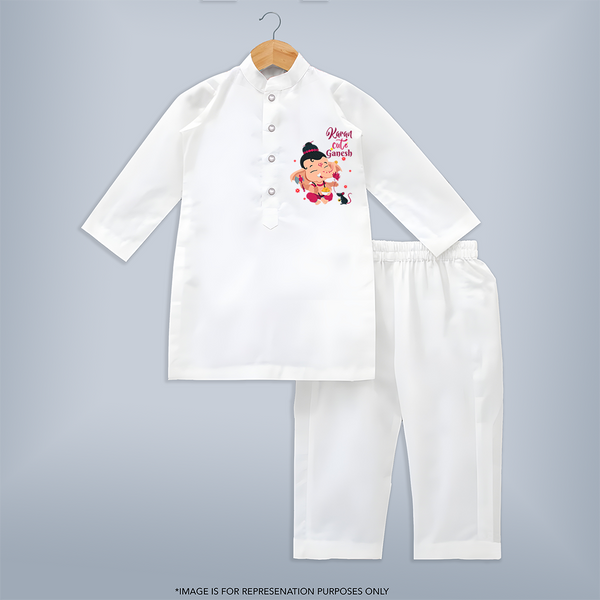 Cute Little Ganesha - Customized Kurta Set For Kids - WHITE - 3-6 Month Old (Chest 24", Kurta Length 14'', Waist 19", Pant Length 14")