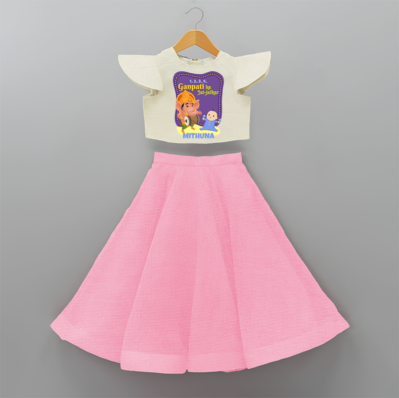 Ganapati Ka Jai Jaikar - Customized Crop Top And Skirt For Kids - PINK - 6 - 9 Months Old (Chest 20" , Frock Waist 20")