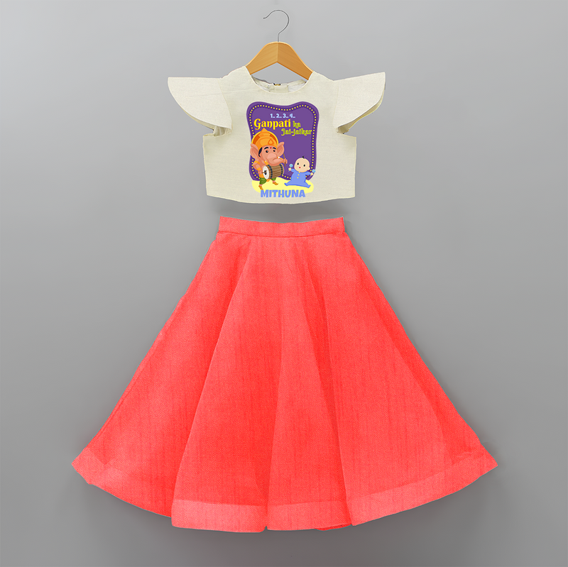 Ganapati Ka Jai Jaikar - Customized Crop Top And Skirt For Kids - RED - 6 - 9 Months Old (Chest 20" , Frock Waist 20")