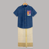 Ganapati Ka Jai Jaikar - Customized Raw Silk Shirt And Dhoti For Kids - DEEP BLUE - 0 - 6 Months Old (Chest-23") (Dhoti length-14")