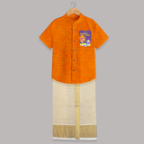 Ganapati Ka Jai Jaikar - Customized Raw Silk Shirt And Dhoti For Kids - MARIGOLD - 0 - 6 Months Old (Chest-23") (Dhoti length-14")