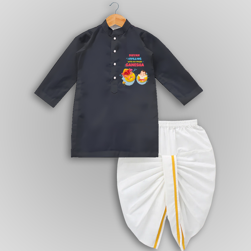 Chilling With My Friend Ganesha - Customized Drapped Dhoti For Kids - DARK GREY - 0-6 Month Old (Chest 24", Kurta Length 14" , Waist 19", Dhoti Length 14")