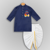 Chilling With My Friend Ganesha - Customized Drapped Dhoti For Kids - NAVY BLUE - 0-6 Month Old (Chest 24", Kurta Length 14" , Waist 19", Dhoti Length 14")