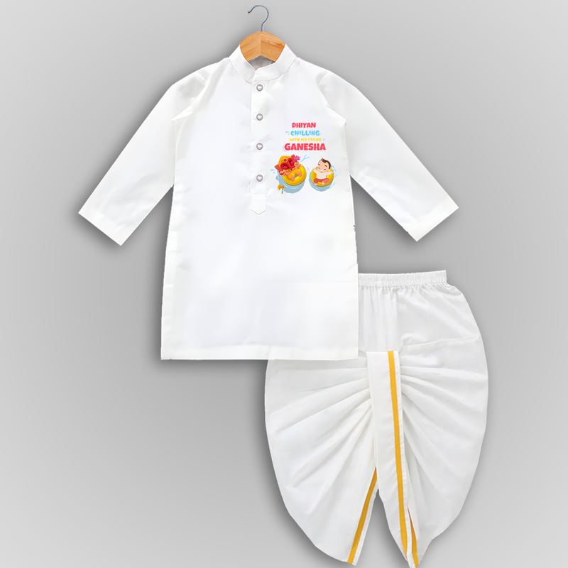 Chilling With My Friend Ganesha - Customized Drapped Dhoti For Kids - WHITE - 0-6 Month Old (Chest 24", Kurta Length 14" , Waist 19", Dhoti Length 14")