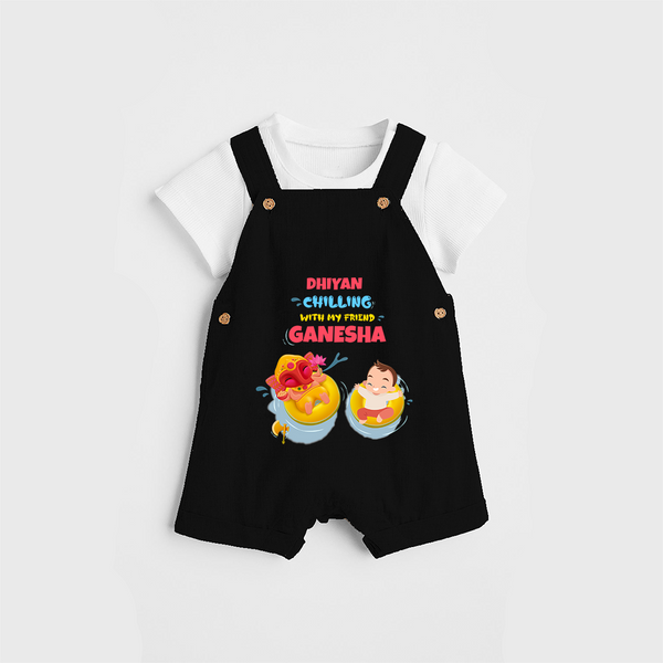 Chilling With My Friend Ganesha - Customized Dungaree Set For Kids - BLACK - 0 - 5 Months Old (Chest 18")