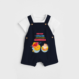 Chilling With My Friend Ganesha - Customized Dungaree Set For Kids - NAVY BLUE - 0 - 5 Months Old (Chest 18")