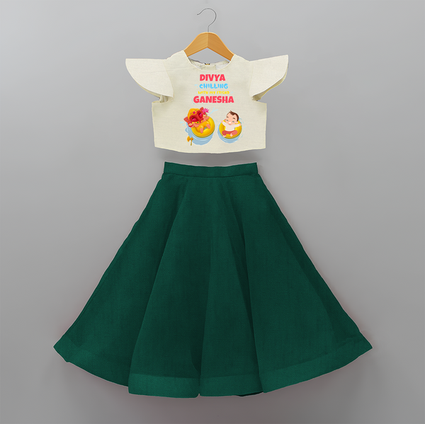 Chilling With My Friend Ganesha - Customized Crop Top And Skirt For Kids - BOTTLE GREEN - 6 - 9 Months Old (Chest 20" , Frock Waist 20")