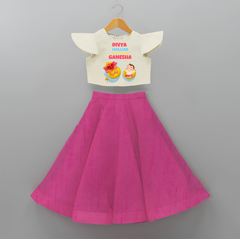 Chilling With My Friend Ganesha - Customized Crop Top And Skirt For Kids - FUSCHIA - 6 - 9 Months Old (Chest 20" , Frock Waist 20")