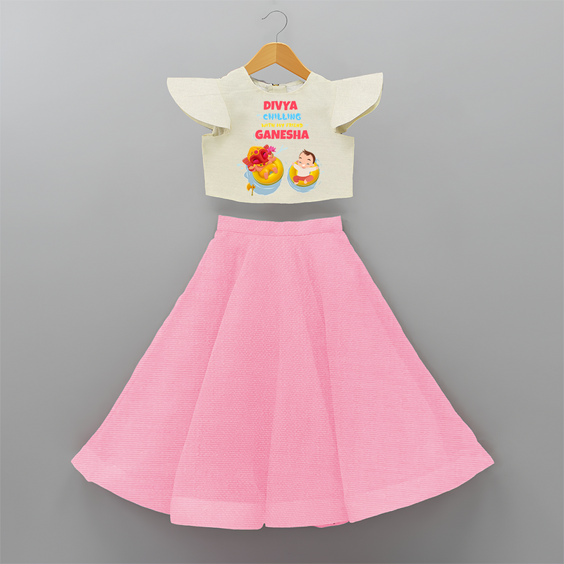 Chilling With My Friend Ganesha - Customized Crop Top And Skirt For Kids - PINK - 6 - 9 Months Old (Chest 20" , Frock Waist 20")