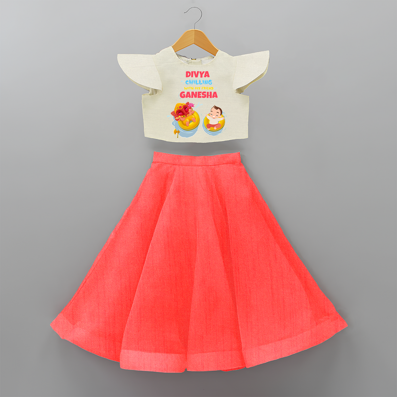 Chilling With My Friend Ganesha - Customized Crop Top And Skirt For Kids - RED - 6 - 9 Months Old (Chest 20" , Frock Waist 20")