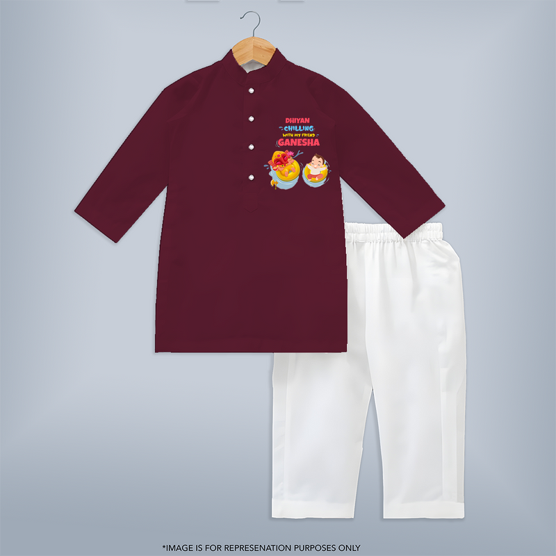 Chilling With My Friend Ganesha - Customized Kurta Set For Kids - MAROON - 3-6 Month Old (Chest 24", Kurta Length 14'', Waist 19", Pant Length 14")