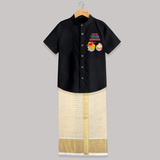 Chilling With My Friend Ganesha - Customized Raw Silk Shirt And Dhoti For Kids - BLACK - 0 - 6 Months Old (Chest-23") (Dhoti length-14")