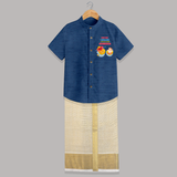 Chilling With My Friend Ganesha - Customized Raw Silk Shirt And Dhoti For Kids - DEEP BLUE - 0 - 6 Months Old (Chest-23") (Dhoti length-14")