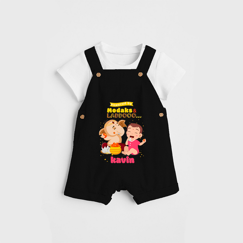 powered by Modaks & Laddoo With Ganesha - Customized Dungaree Set For Kids - BLACK - 0 - 5 Months Old (Chest 18")