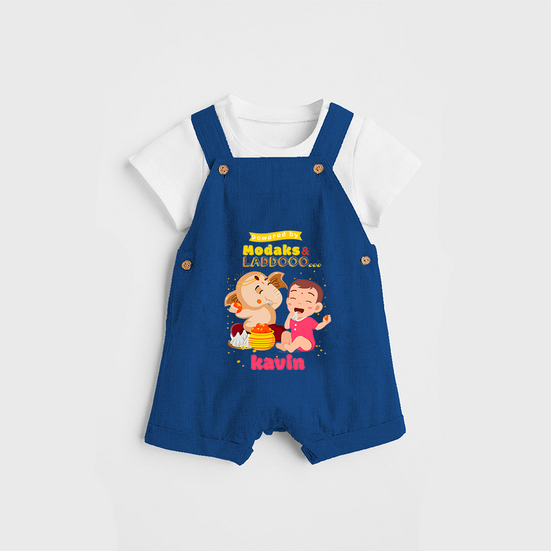 powered by Modaks & Laddoo With Ganesha - Customized Dungaree Set For Kids - COBALT BLUE - 0 - 5 Months Old (Chest 18")