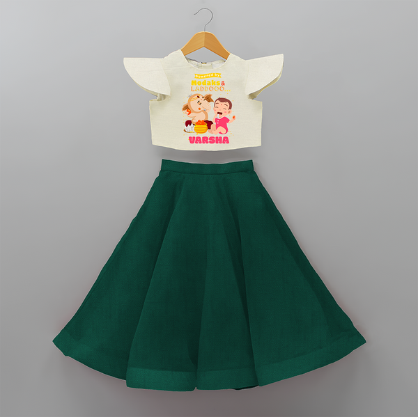 powered by Modaks & Laddoo With Ganesha - Customized Crop Top And Skirt For Kids - BOTTLE GREEN - 6 - 9 Months Old (Chest 20" , Frock Waist 20")