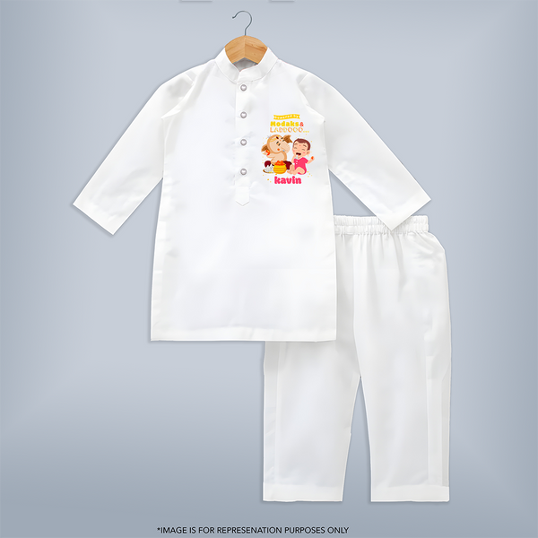 powered by Modaks & Laddoo With Ganesha - Customized Kurta Set For Kids - WHITE - 3-6 Month Old (Chest 24", Kurta Length 14'', Waist 19", Pant Length 14")