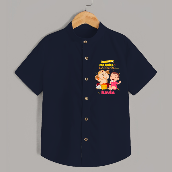 powered by Modaks & Laddoo With Ganesha - Customized Shirt For Kids - NAVY BLUE - 0 - 6 Months Old (Chest 23")