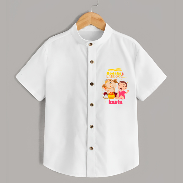 powered by Modaks & Laddoo With Ganesha - Customized Shirt For Kids - WHITE - 0 - 6 Months Old (Chest 23")