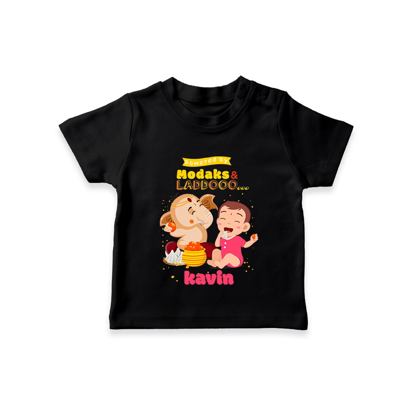 powered by Modaks & Laddoo With Ganesha - Customized TShirt For Kids - BLACK - 0-5 Months Old (Chest 17")