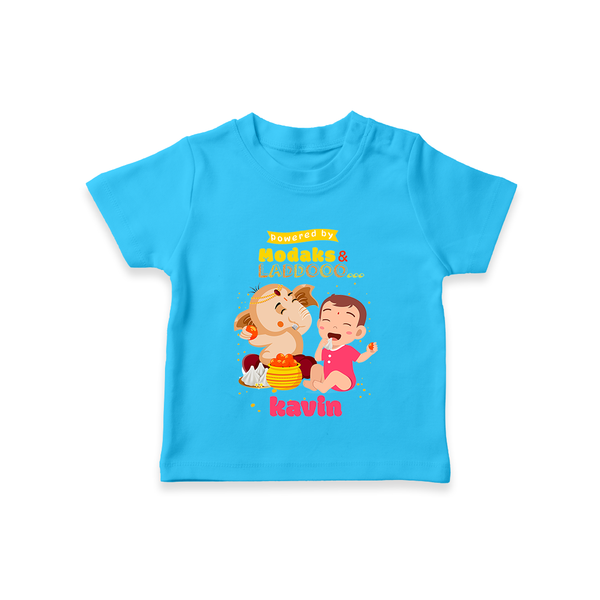 powered by Modaks & Laddoo With Ganesha - Customized TShirt For Kids - SKY BLUE - 0-5 Months Old (Chest 17")